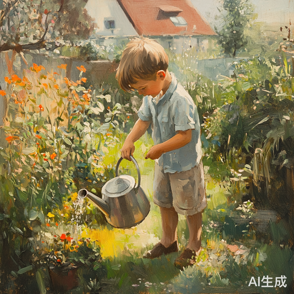 清晨男孩在花园浇水的美好瞬间