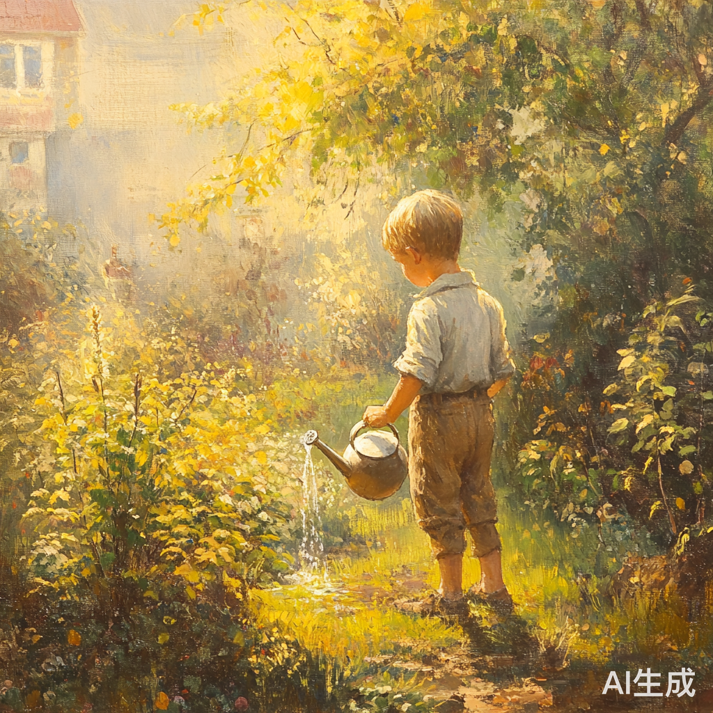 清晨男孩在花园浇水的美好瞬间