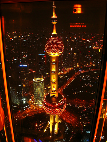 Shanghai Oriental Pearl Tower Aerial Night View of Urban Architecture and Neon Lights