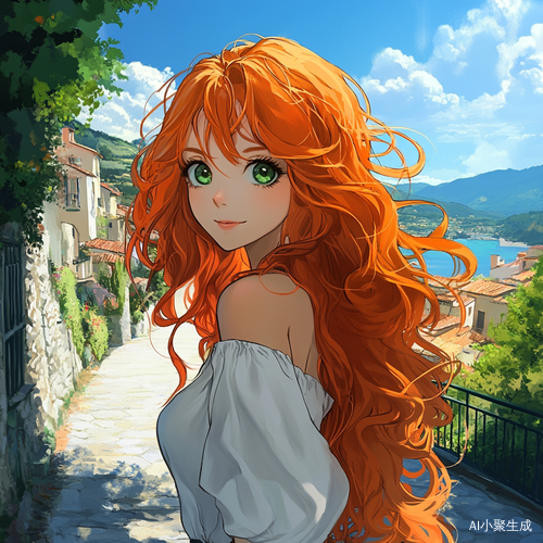长发橘色女孩在蓝天下的别墅路旁