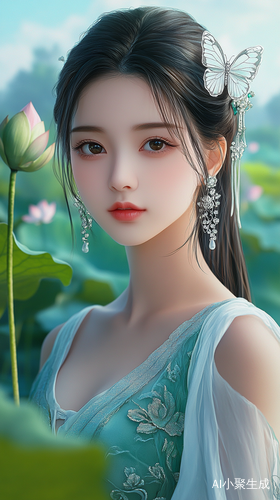 夏日荷塘边的美丽汉服女子