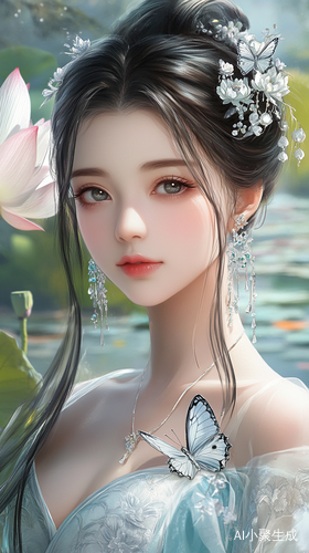 夏日荷塘边的美丽汉服女子