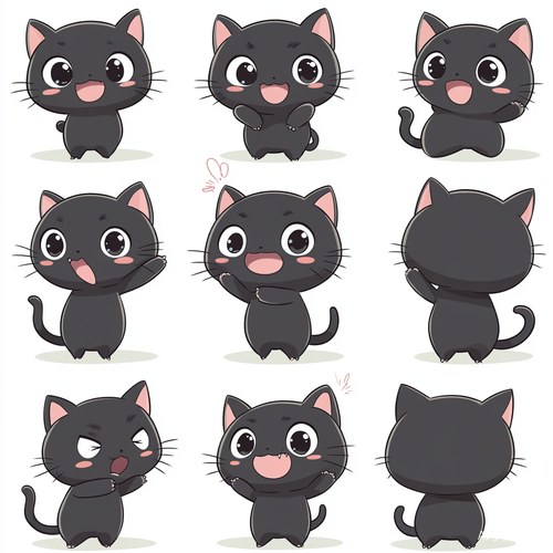 可爱搞怪动漫小黑猫的多种情绪表情插画