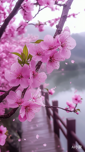 春日梦幻桃花盛开细雨轻拂的美丽景致