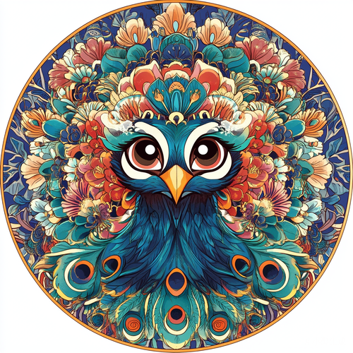 可愛孔雀插圖搭配曼陀羅及中國吉祥圖案