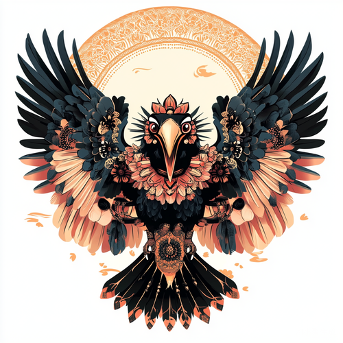 可愛犀鳥插圖採用曼陀羅風格與中國吉祥圖案