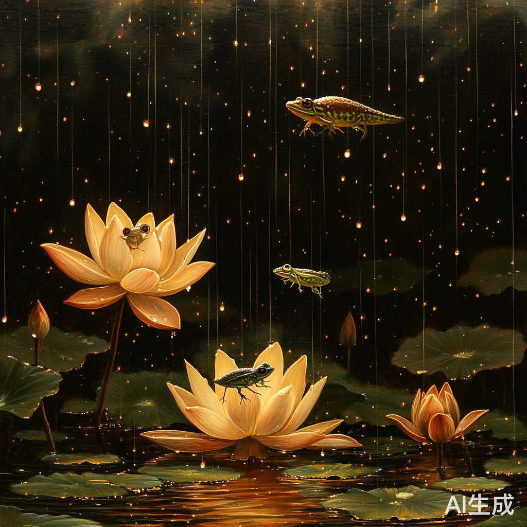 清晨水塘荷花与青蛙青蜓的和谐景象