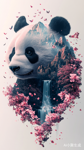 二次曝光梦幻熊猫剪影与自然奇观结合
