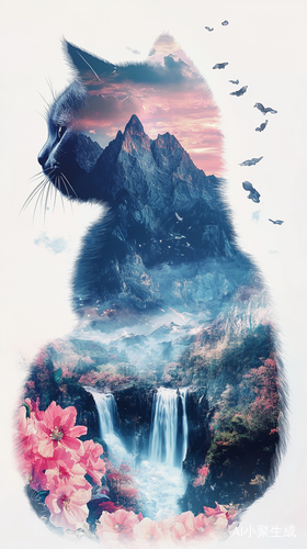 二次曝光小猫剪影与山脉瀑布花海的梦幻效果
