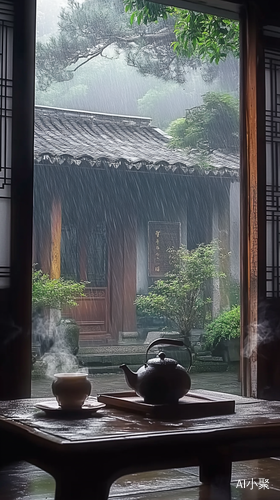 古老院子雨中独坐品茶的悠闲时光