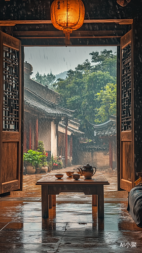 古老院子雨中独坐品茶的悠闲时光