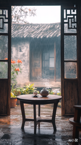 古老院子雨中独坐品茶的悠闲时光