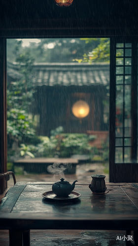 古老院子雨中独坐品茶的悠闲时光