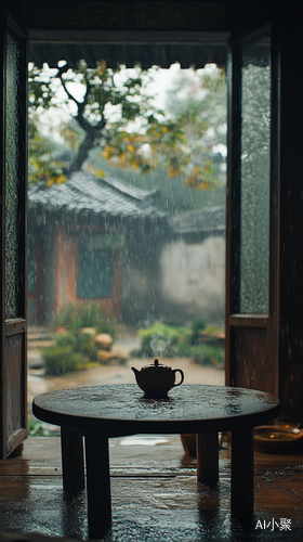 古老院子雨中独坐品茶的悠闲时光