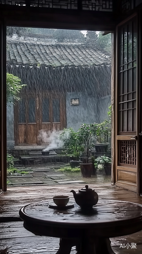 古老院子雨中独坐品茶的悠闲时光