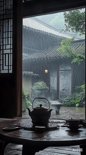 古老院子雨中独坐品茶的悠闲时光