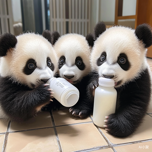 三只大熊猫幼崽抱奶瓶喝奶的可爱瞬间