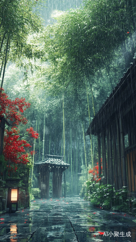 下雨天竹林听雨小院听风的诗意景致