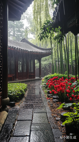 下雨天竹林听雨小院听风的诗意景致