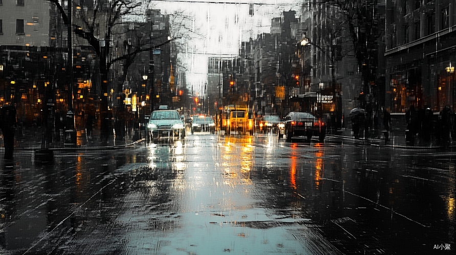 无色横版像素城市街景在雨中