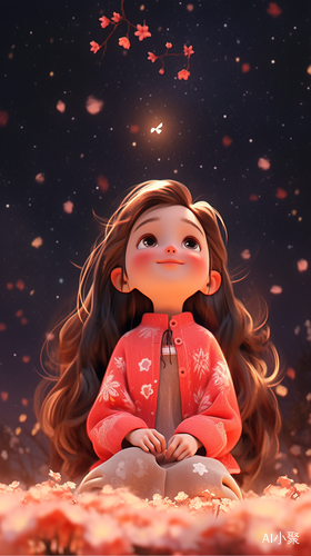 Cute Little Girl Cartoon Design in Starry Night Scene