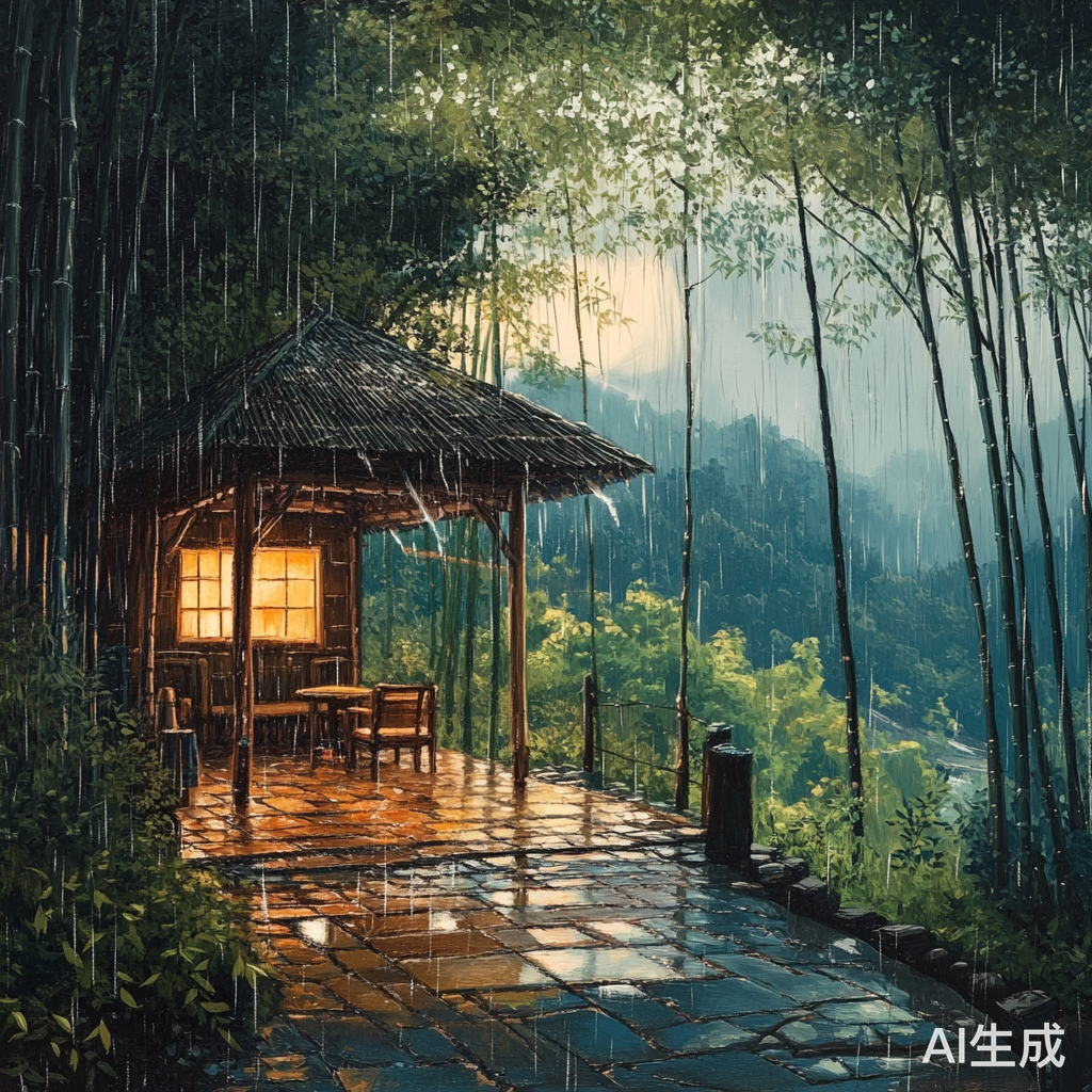 雨中竹林小屋茶香四溢的自然治愈时光