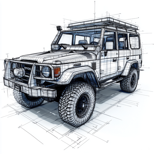 Toyota Land Cruiser CAD Blueprints with Pencil Sketch Effect and Color Highlights