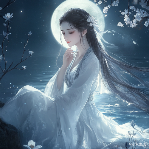 月下银月照耀的优雅女子与梦幻湖面
