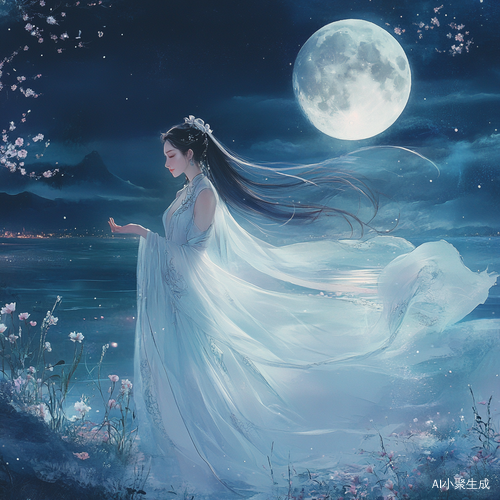 月下银月照耀的优雅女子与梦幻湖面