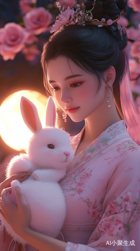 浪漫夜晚的粉色玫瑰与优雅女子的梦幻画面