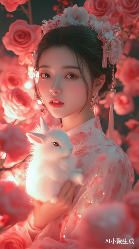 夜晚浪漫玫瑰与优雅女子怀抱白兔的梦幻时刻
