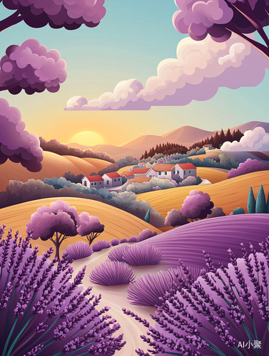 Colorful 3D Cartoon Landscape with Lavender Fields and Sunset