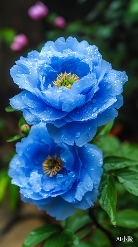 孤独蓝色牡丹花在雨中绽放的高清画面