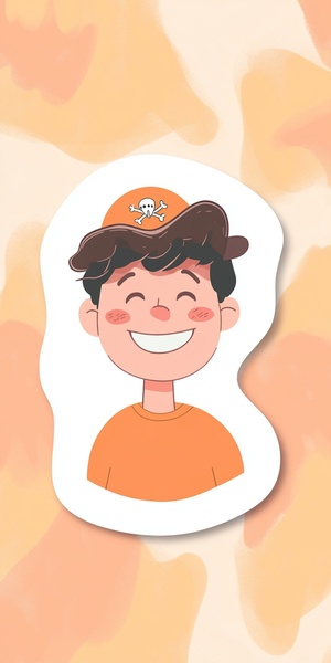 Generate a hand-drawn sticker of Lionel Messi, surrounded by a white thick outline of [Charming Adventure Pirate Boy in a Pirate Hat], isolated on a pastel pastel [peach] colored background, in the style of Sophie · Blaker + Jon·Klassen + Tracy· Grimwood, whimsical and funny characters, flat shapes, quirky v 6.0 s 50 style original ar 1:1