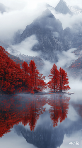 云雾环绕下湖泊与独特红树的宁静美景