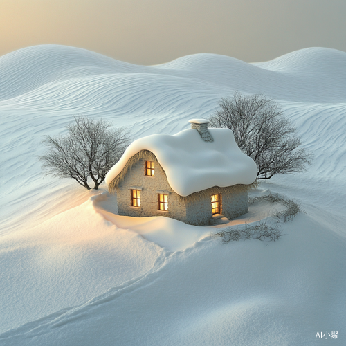 冬季宁静景色中的乡村小屋与雪原