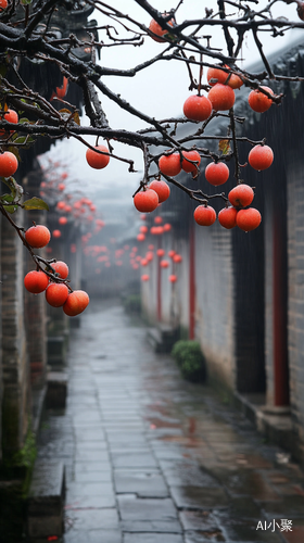 江南烟雨中的农家小院红柿子挂满枝头