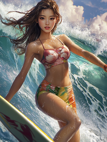 漂亮女子穿冲浪衣在海上冲浪的动态抓拍