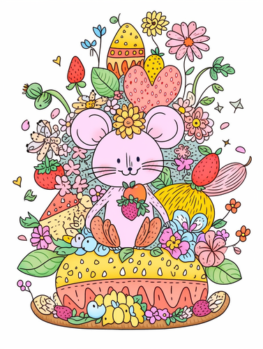 Whimsical Pink Mouse in a Pear Surrounded by Colorful Flowers