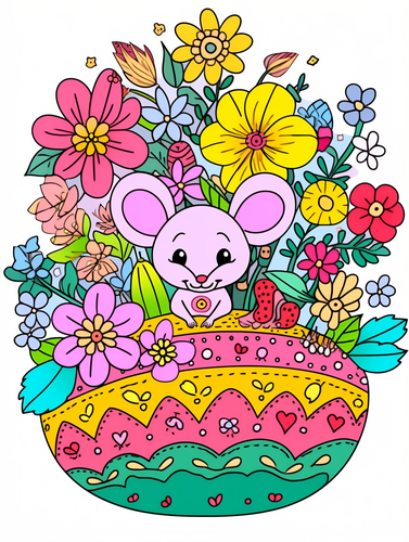 Whimsical Pink Mouse in a Pear Surrounded by Colorful Flowers