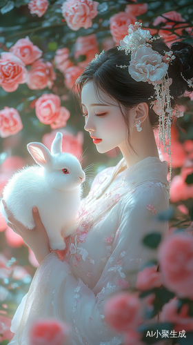夜晚浪漫粉色玫瑰花中的优雅女子与毛绒白兔