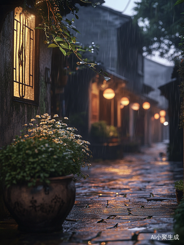 江南小镇黄昏细雨中的宁静美景