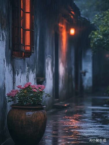江南小镇黄昏细雨中的宁静美景