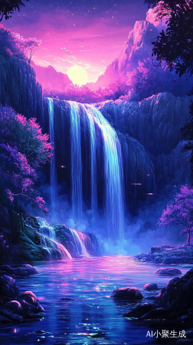 梦幻紫蓝夜空中的瀑布与水晶清海