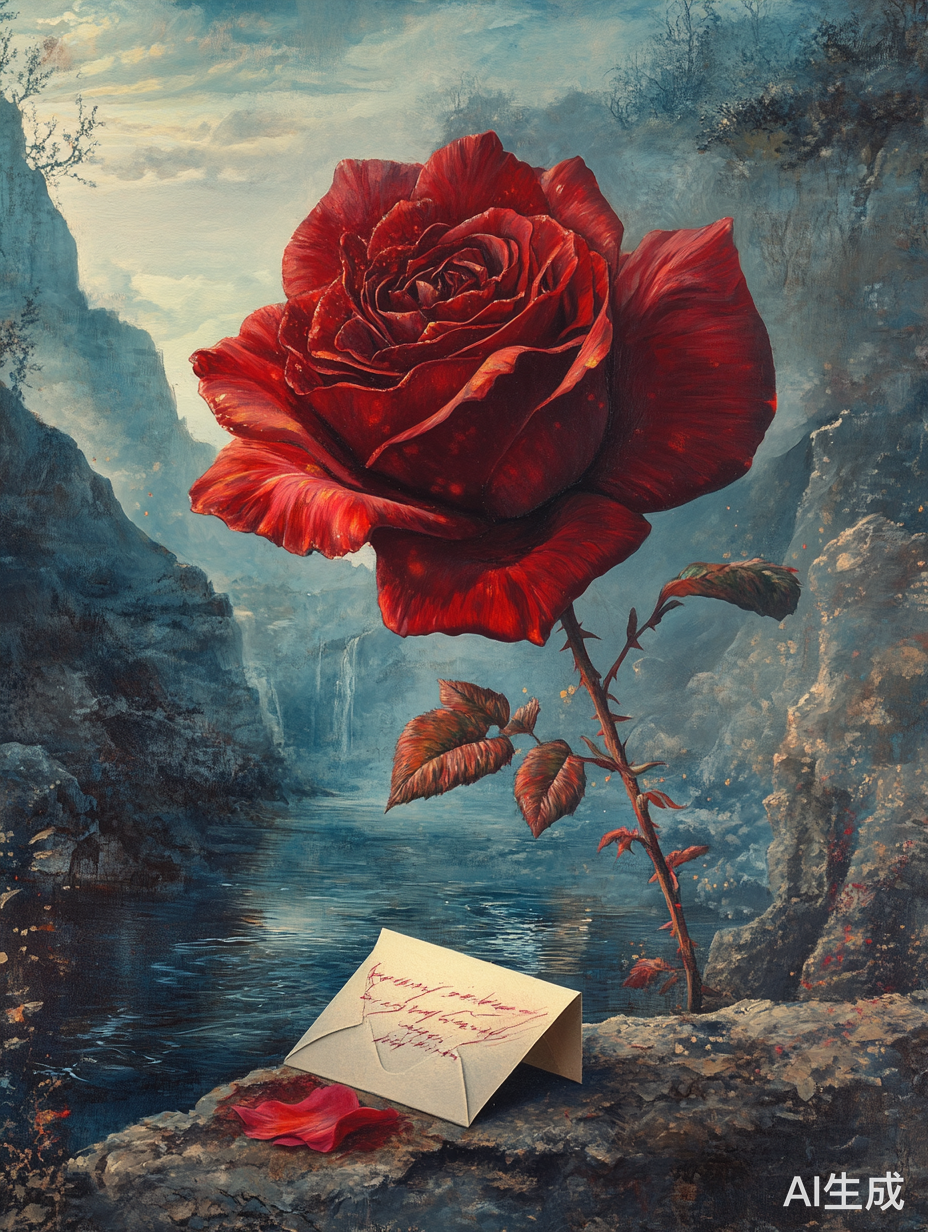 色彩幻想中的深红玫瑰与超现实景观的交响乐