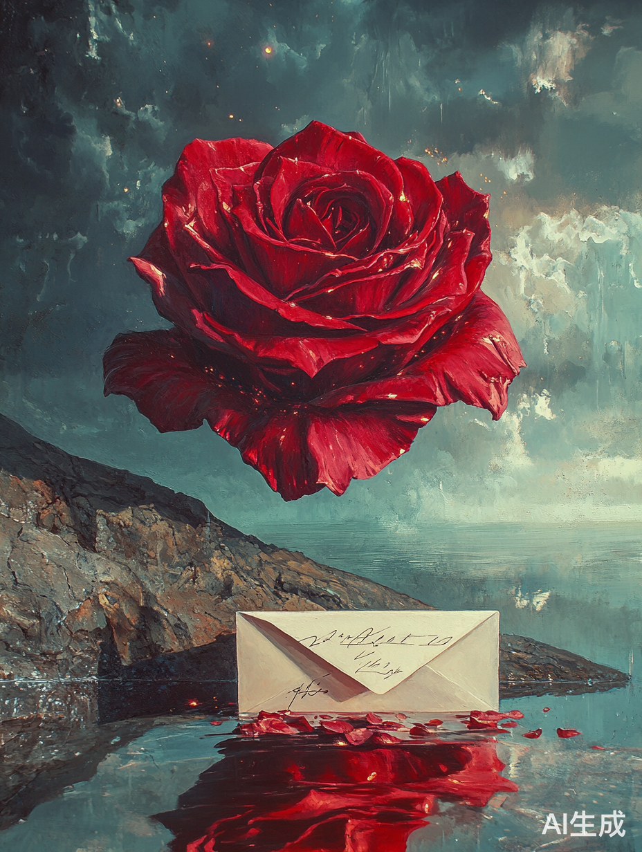 色彩幻想中的深红玫瑰与超现实景观的交响乐