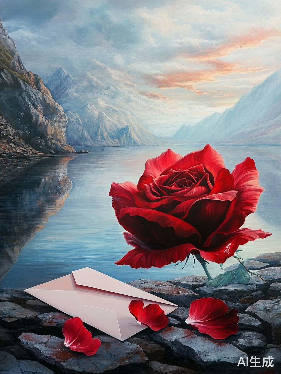 色彩幻想中的深红玫瑰与超现实景观的交响乐