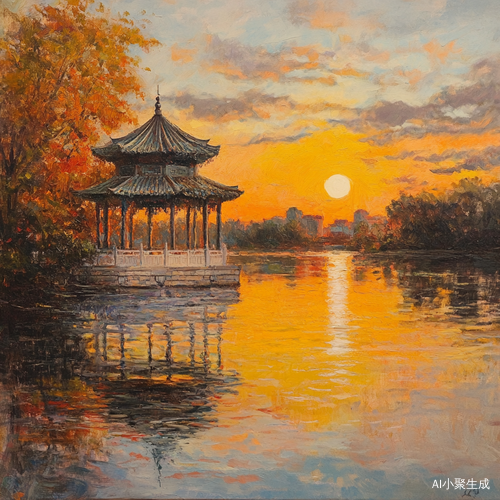 秋风落日映江水的楼阁风景