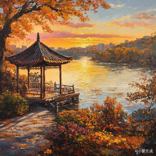 秋风落日映江水的楼阁风景