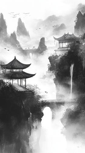 雨天中的亭台楼阁美景